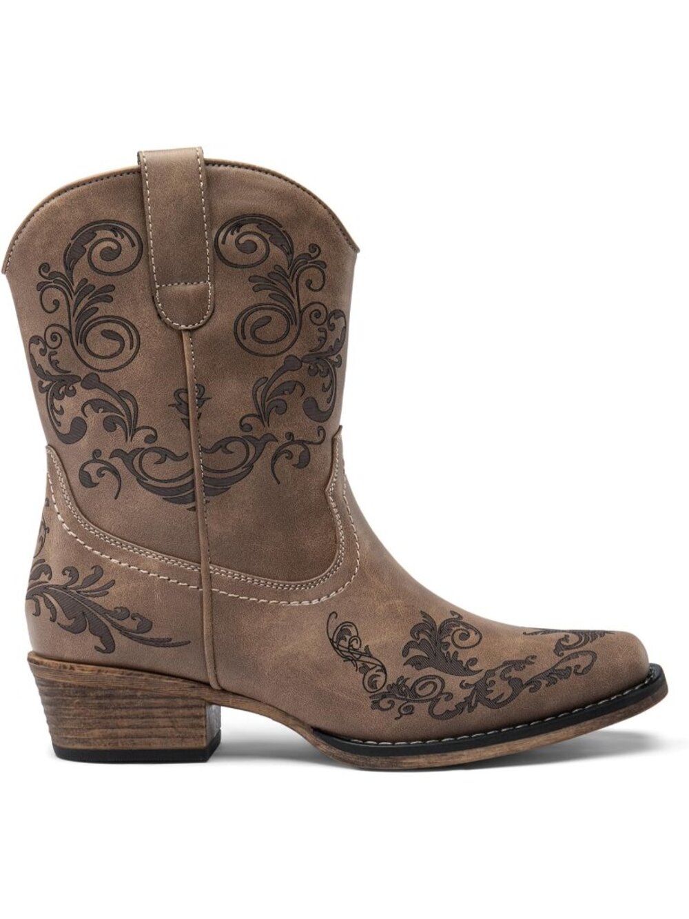 Women's Brown Faux Leather Square Toe Fashion Dress Low Chunky Heel Cowgirl Boot - Picture 5 of 6